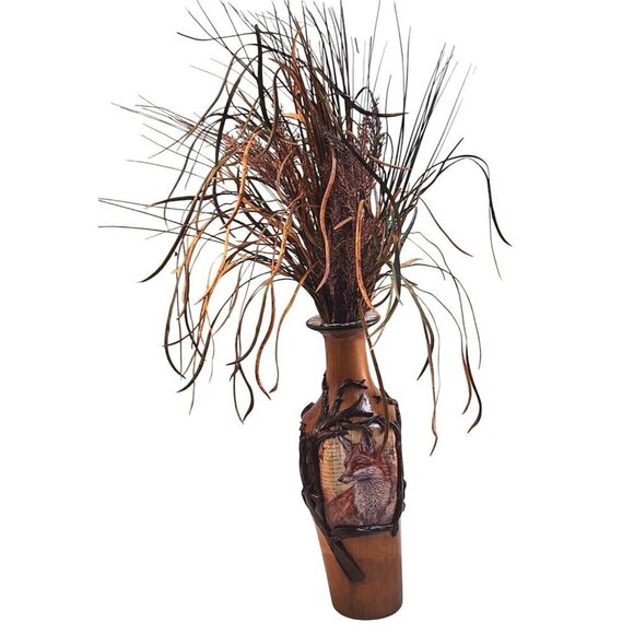 Wooden Fence Post Vase With Fox Design & Faux Grass Grain Arrangement 28" tall W - Picture 1 of 15